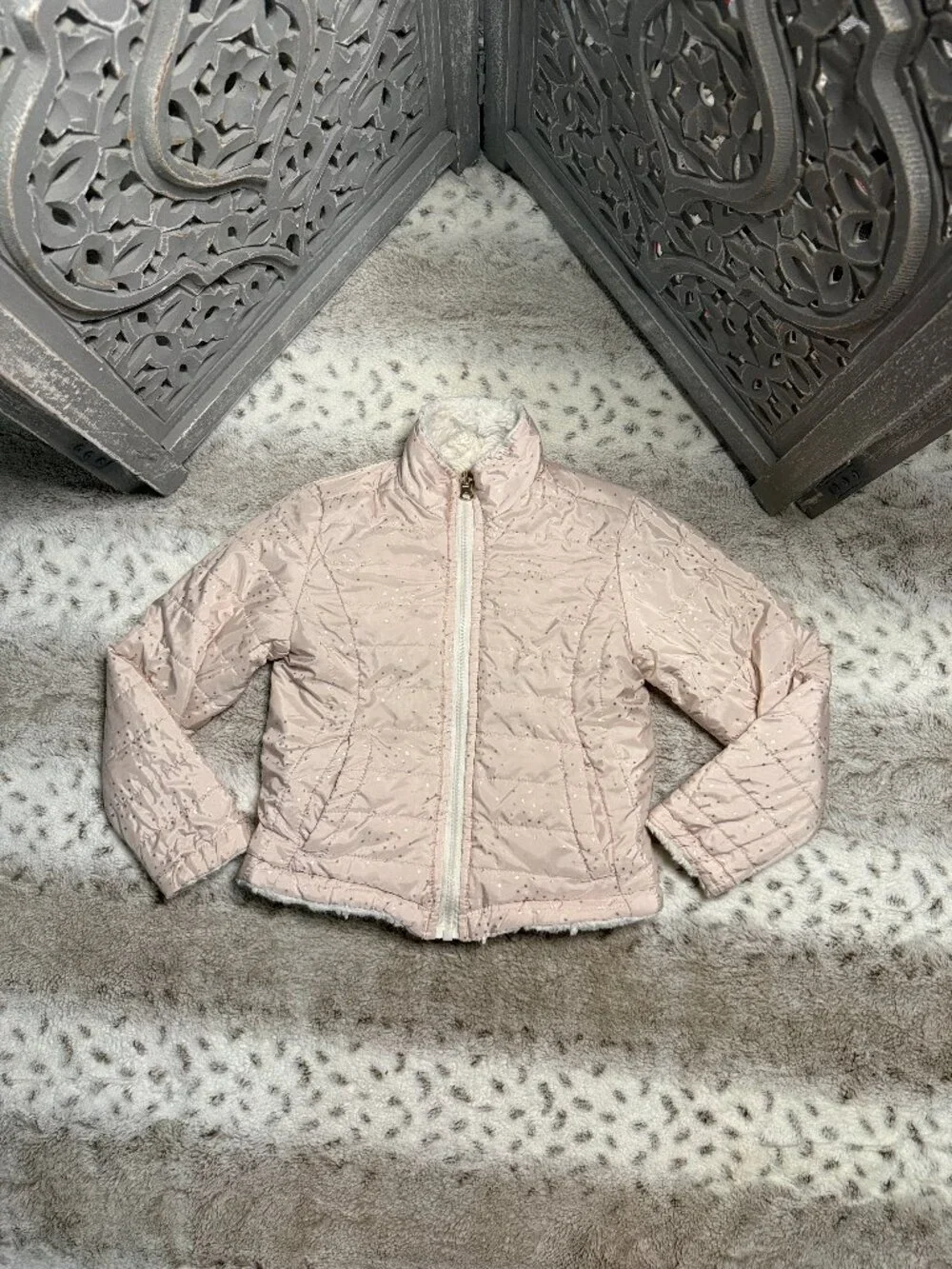Me Jane reversible puffer jacket girls 5T rose gold sparkly stars faux fur glam
